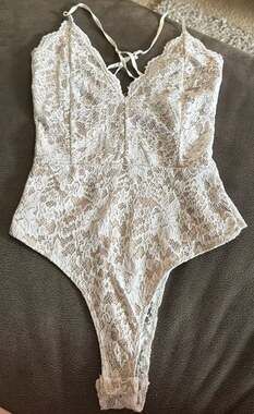 Epiphany White Floral Lace Bodysuit with Nude Lining Size Medium